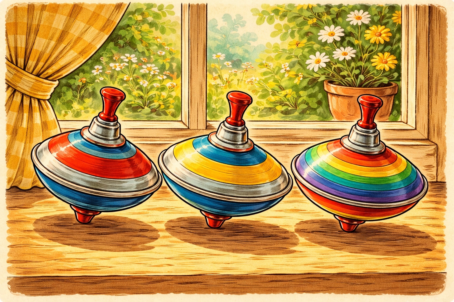 Three colorful homemade spinning tops displayed on a sunny windowsill for kids crafts