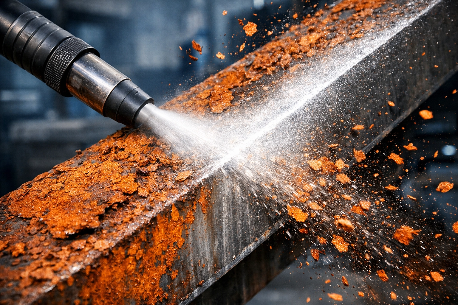 Professional rust removal using high-pressure sandblasting on a steel beam to prep for powder coating in Santa Cruz.