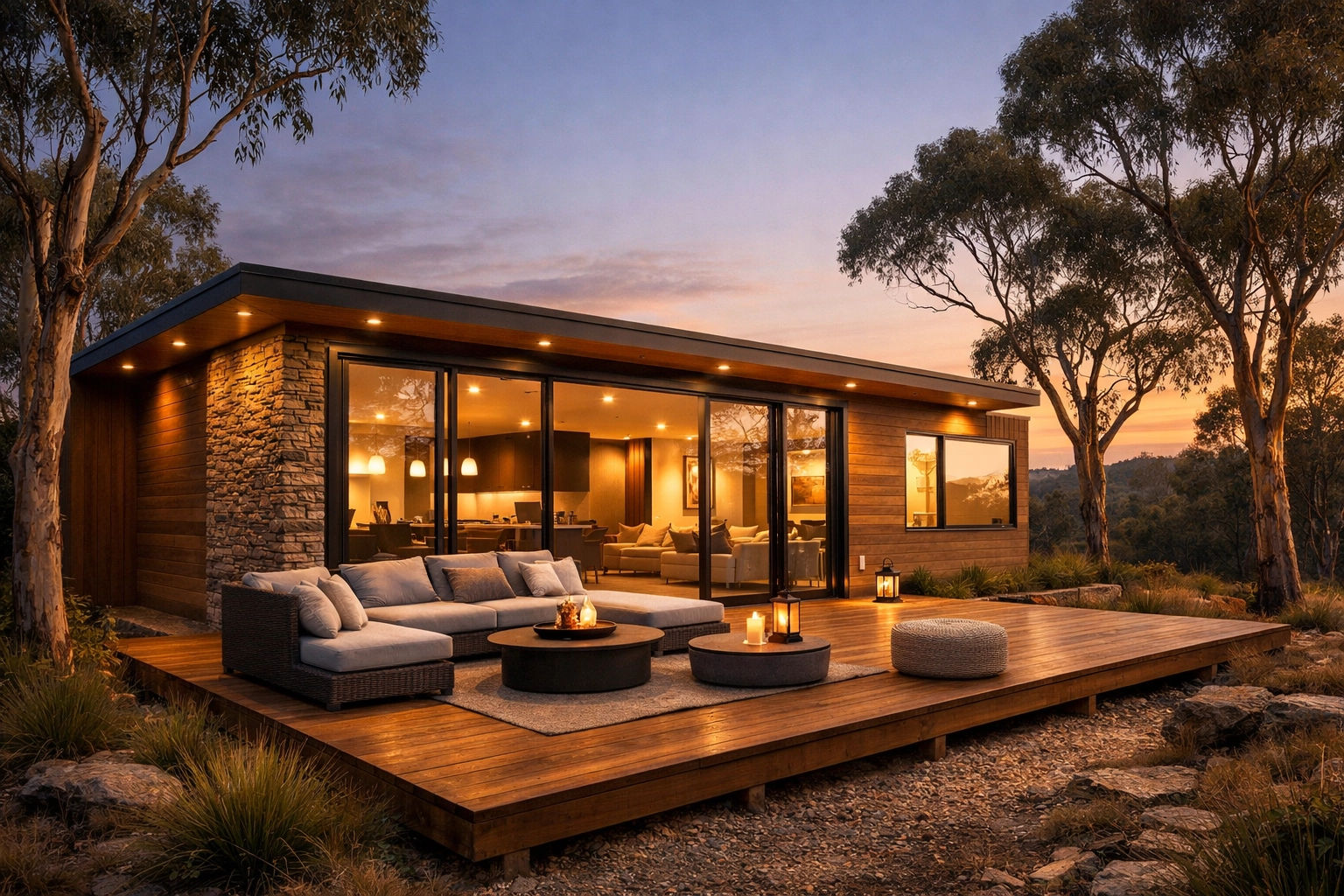 Finished modular home in Australia featuring energy-efficient windows and a modern sustainable design.