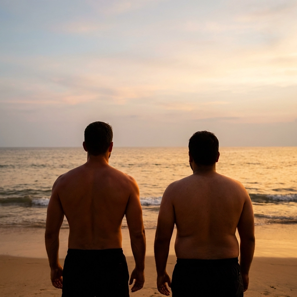 Two gay men with different body types embracing body positivity at sunset on naturist beach