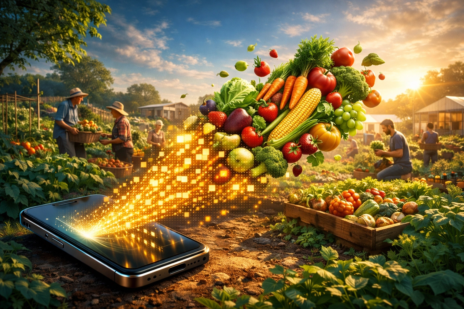 Digital payments from a smartphone turning into a fresh food harvest to illustrate crypto social impact and ending hunger.