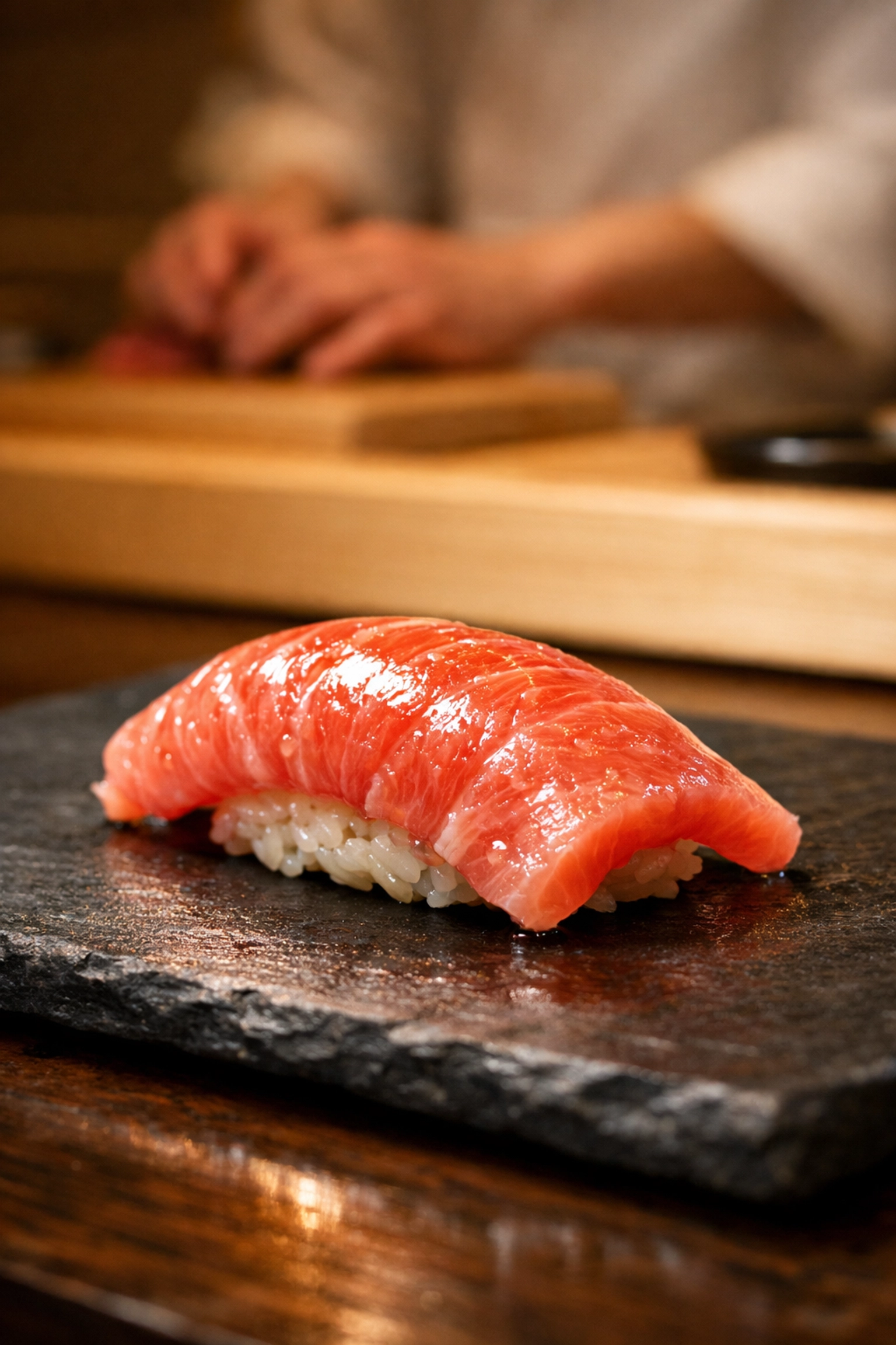 Fresh fatty tuna nigiri at a luxury Ginza sushi bar, one of the best photography locations in Tokyo.