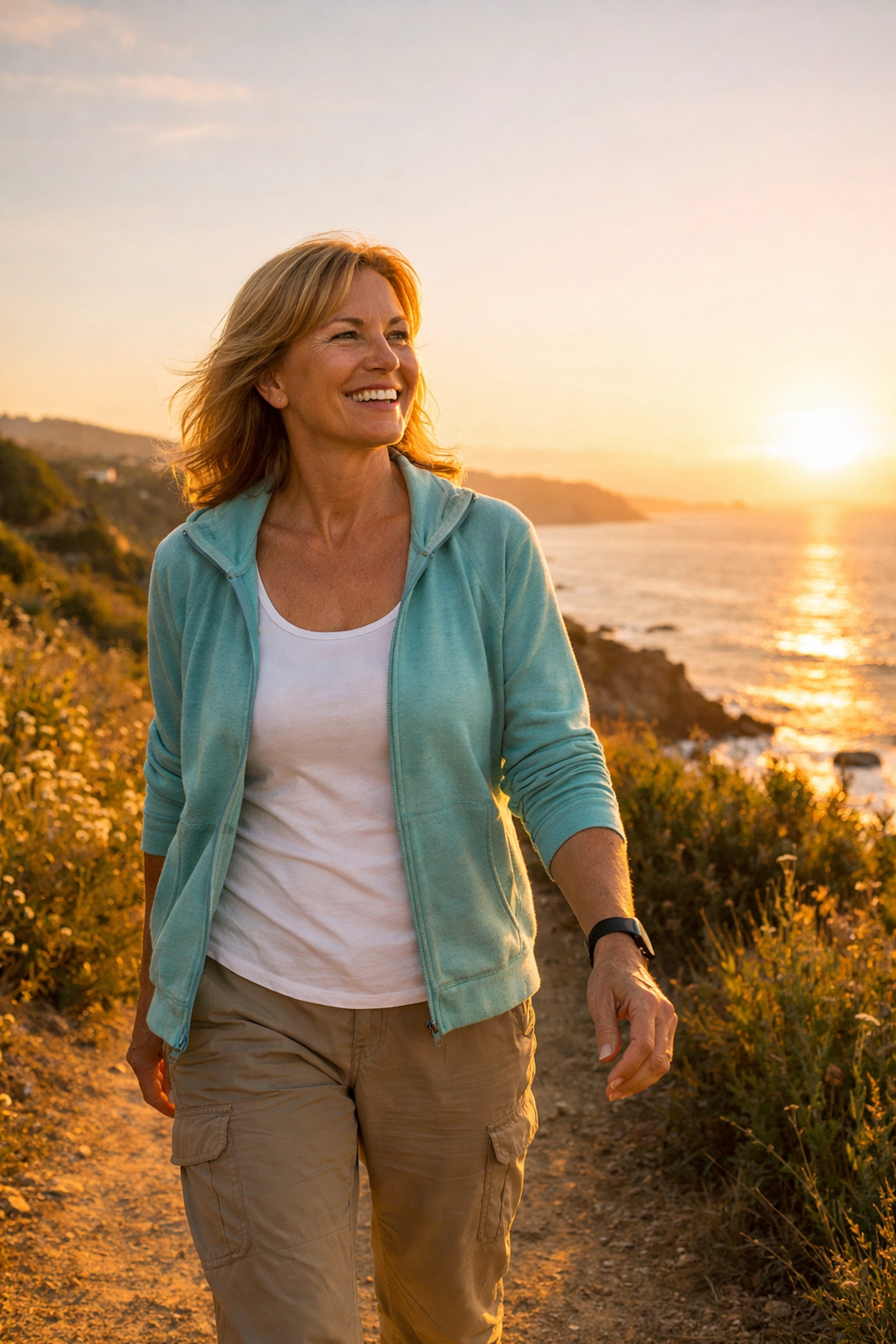 A healthy woman enjoying a walk, representing the living benefits of a secure wealth strategy.