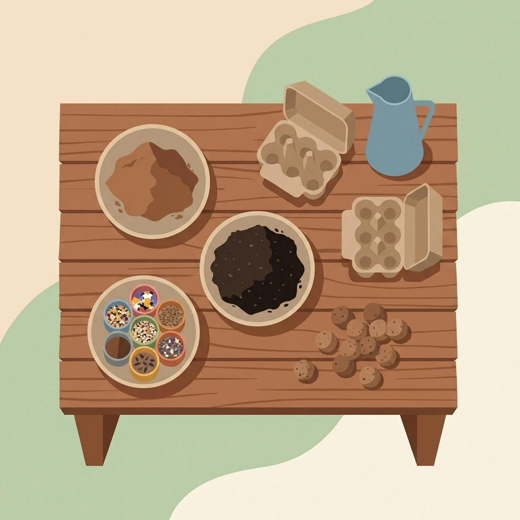 Overhead view of a farm table seed bomb station with bowls of clay, compost, wildflower seeds, and egg cartons for drying