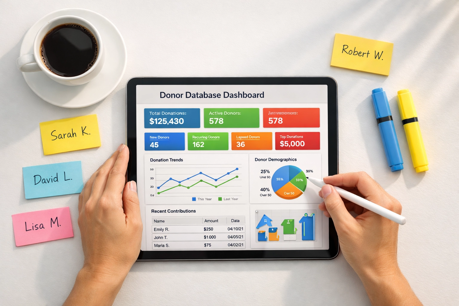 Donor database dashboard on tablet with notes for tracking major donor prospects and giving patterns