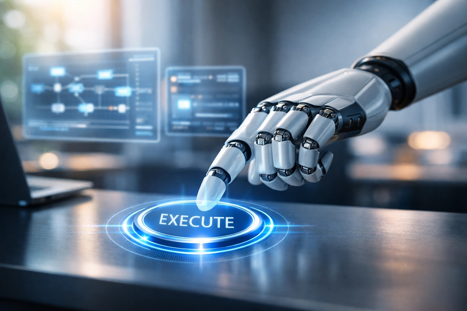 Robot hand pressing execute button showing agentic AI autonomous action and decision-making