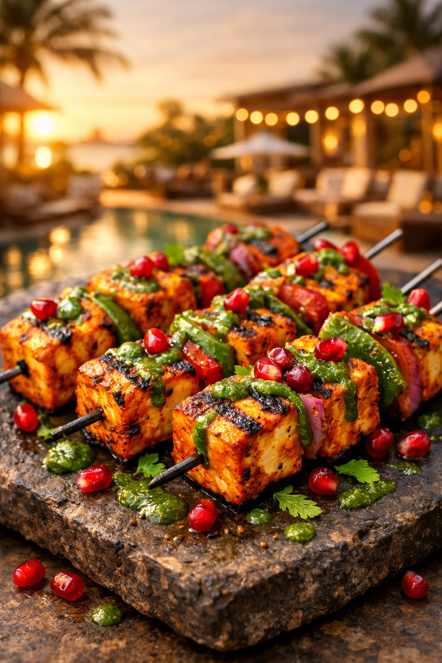 Grilled paneer tikka skewers on a stone platter at a luxury resort outdoor terrace.