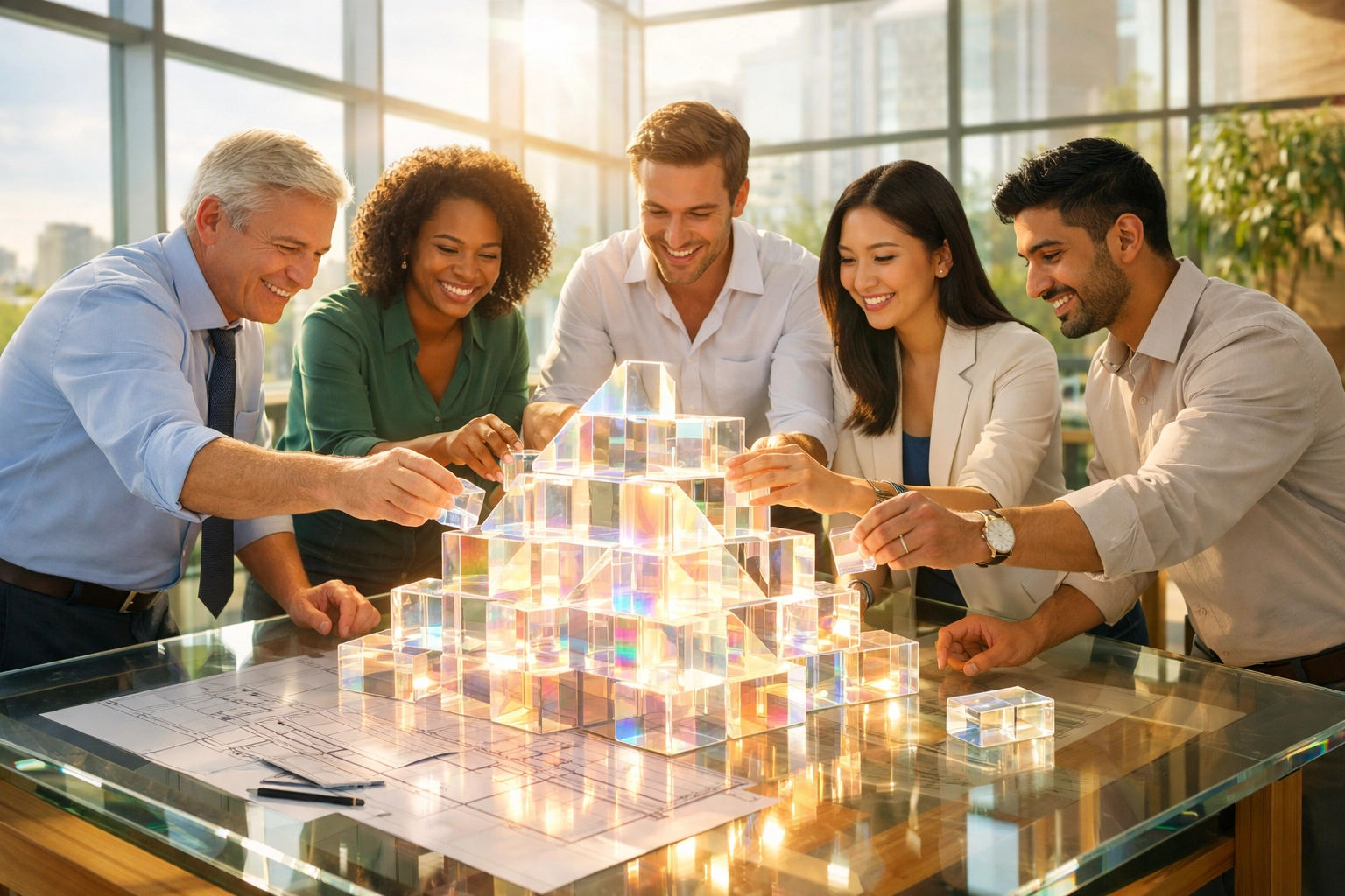 A collaborative team of professionals building a glowing structure to represent empowered systems design and ownership.