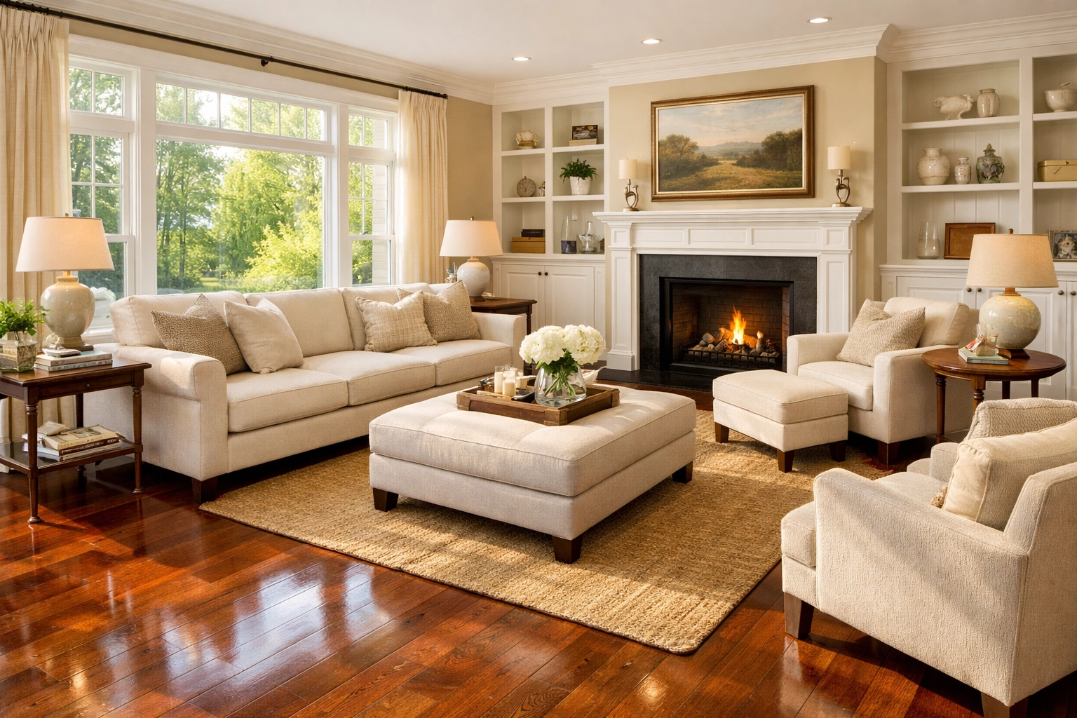 Meticulously maintained Westchester living room with polished hardwood floors and clean upholstery.