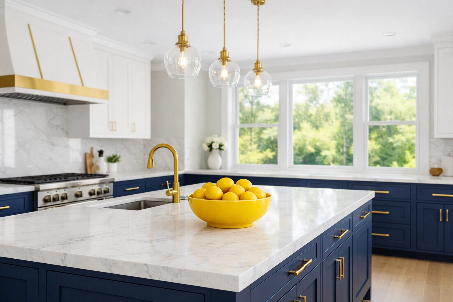 Immaculate modern kitchen in a Stow MA home with clean marble countertops and blue cabinetry.