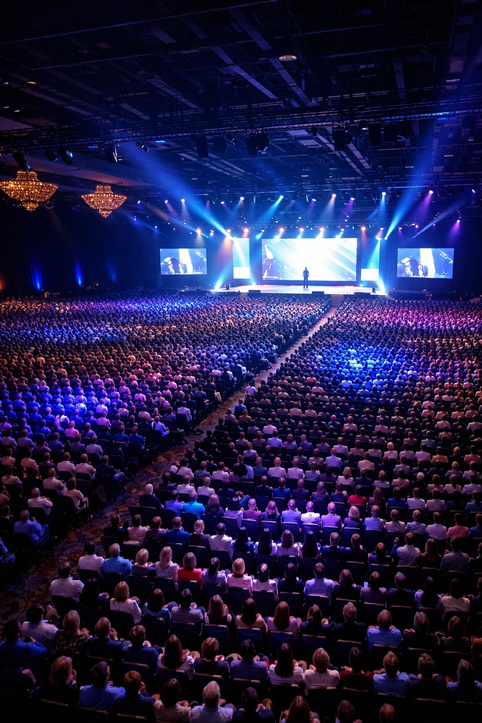 Large-scale Las Vegas conference ballroom filled with attendees facing illuminated stage