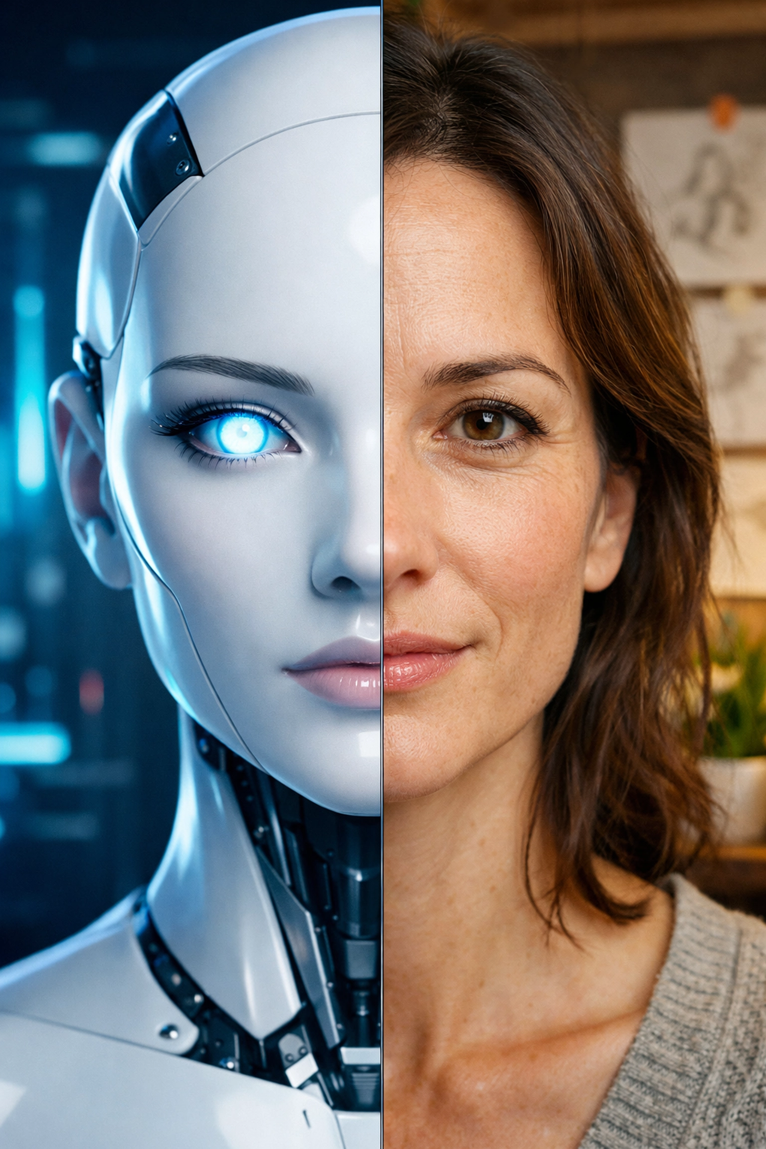 Contraste entre un rostro artificial de IA y una persona real para un diseño web auténtico y humano.