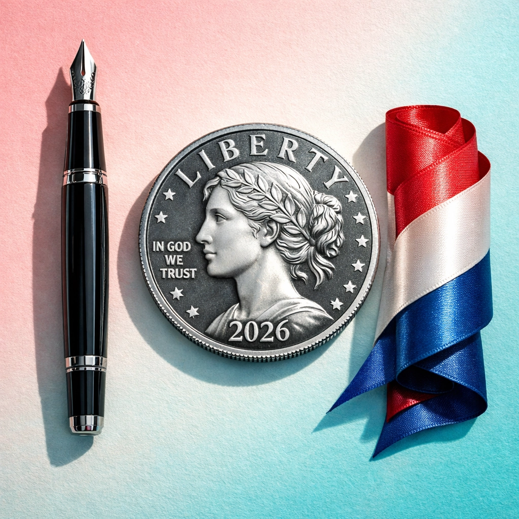 US Mint 250th anniversary coins displayed with patriotic ribbons for a collectible coin auction.