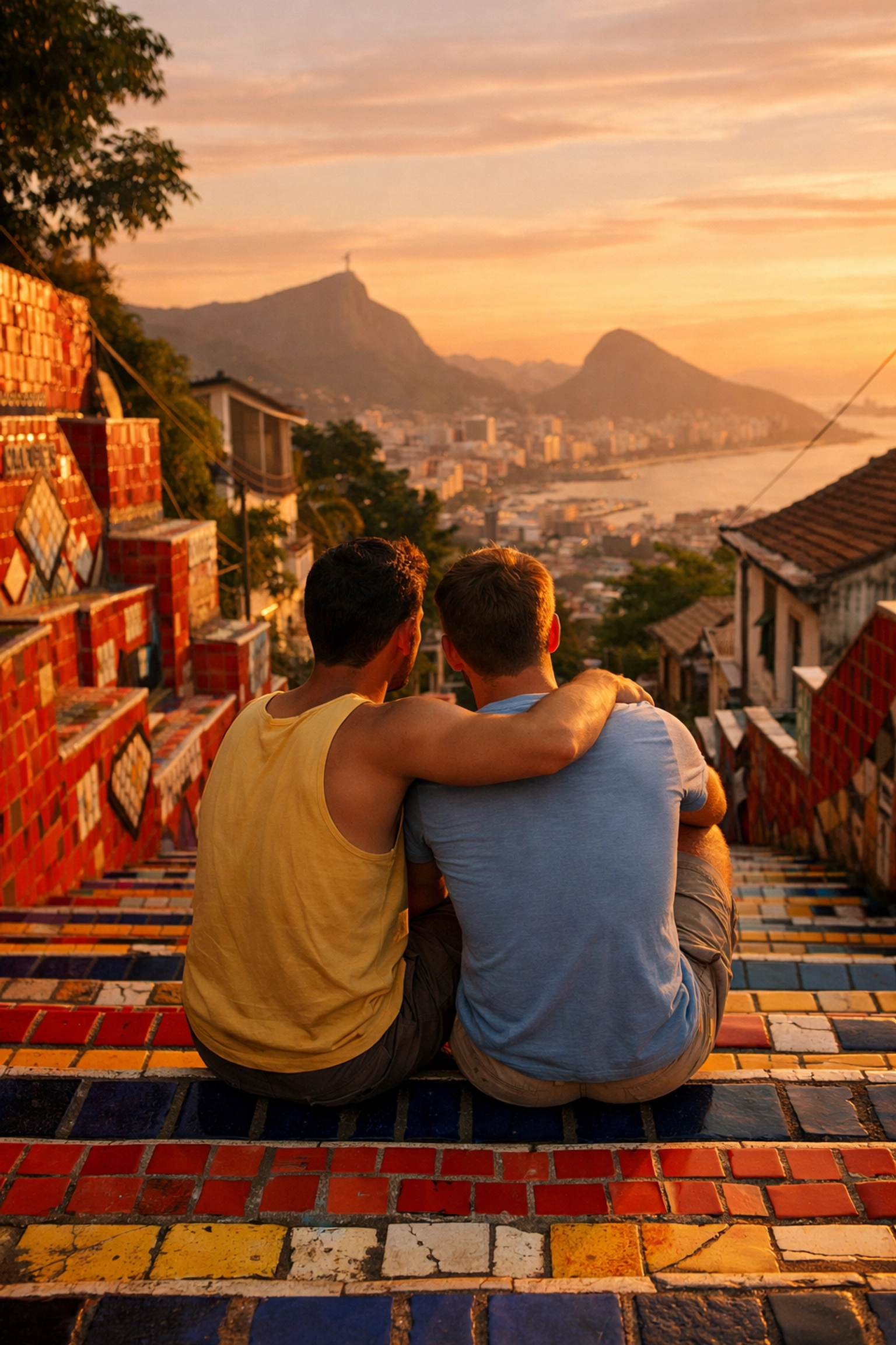 Gay couple sharing romantic moment on colorful Selarón Steps in Rio de Janeiro