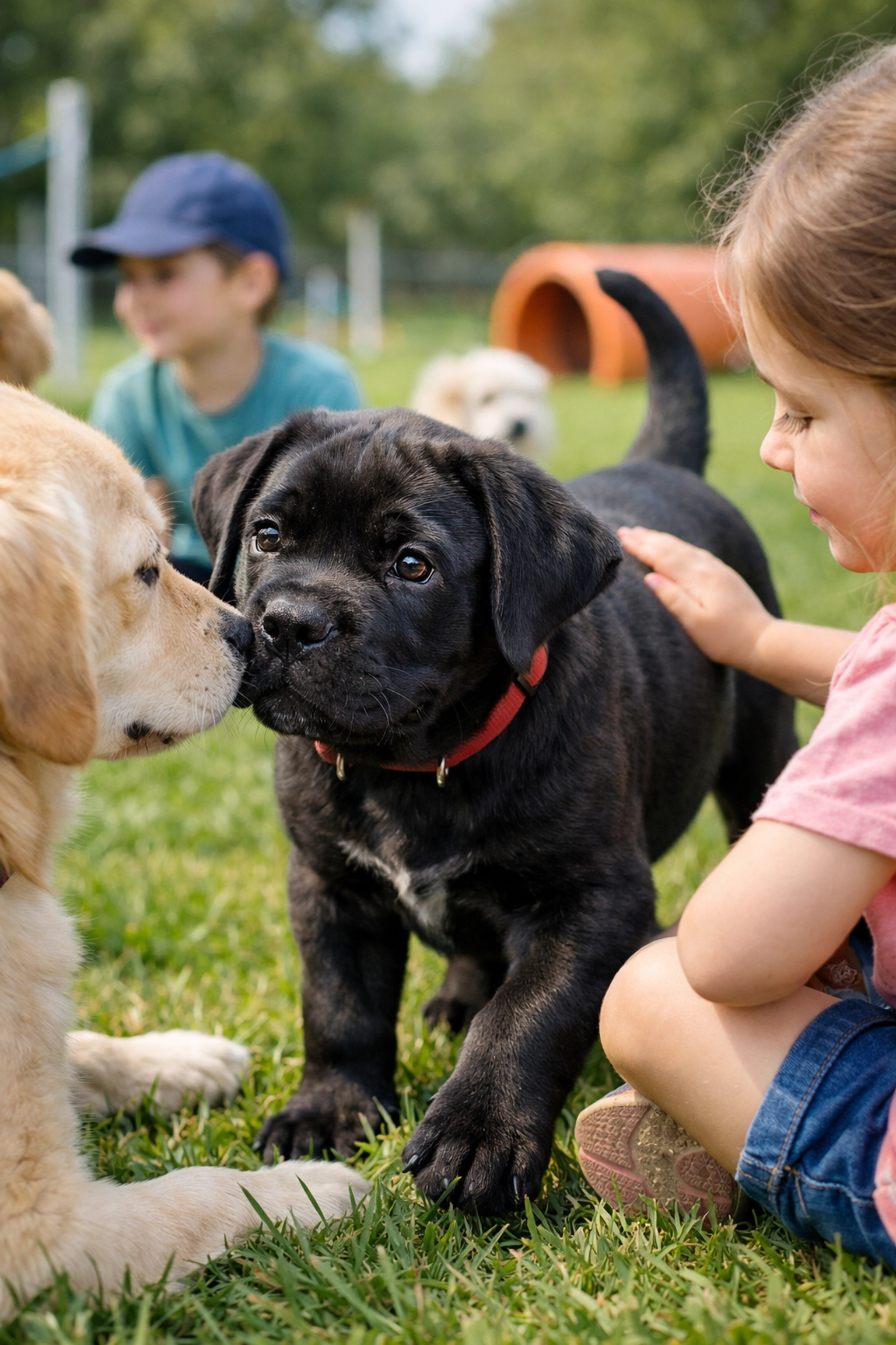 Chiot Cane Corso en séance de socialisation avec des enfants et autres chiens