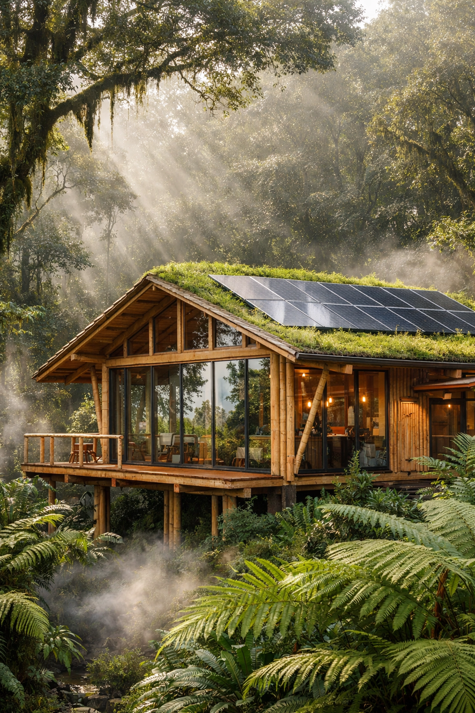 Sustainable eco-lodge with solar panels and bamboo architecture nestled in a misty Costa Rican cloud forest.