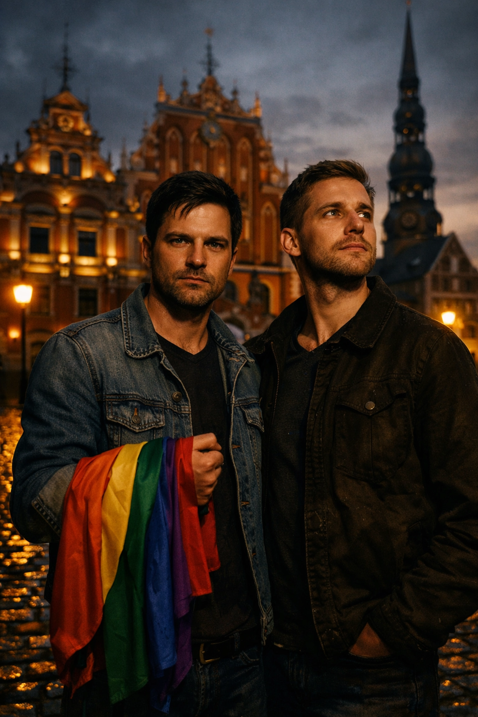LGBTQ+ activists in a historic Riga square holding a rainbow flag, symbolizing the start of Baltic Pride.