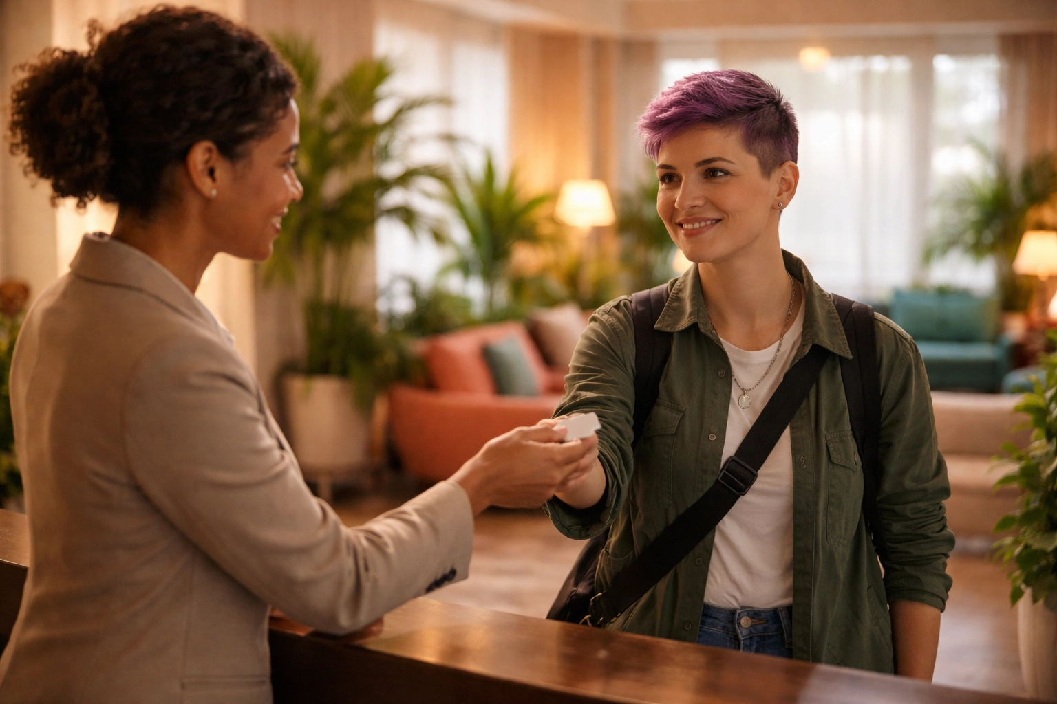 Non-binary guest checking into a welcoming hotel lobby, showing trans friendly hotel hospitality