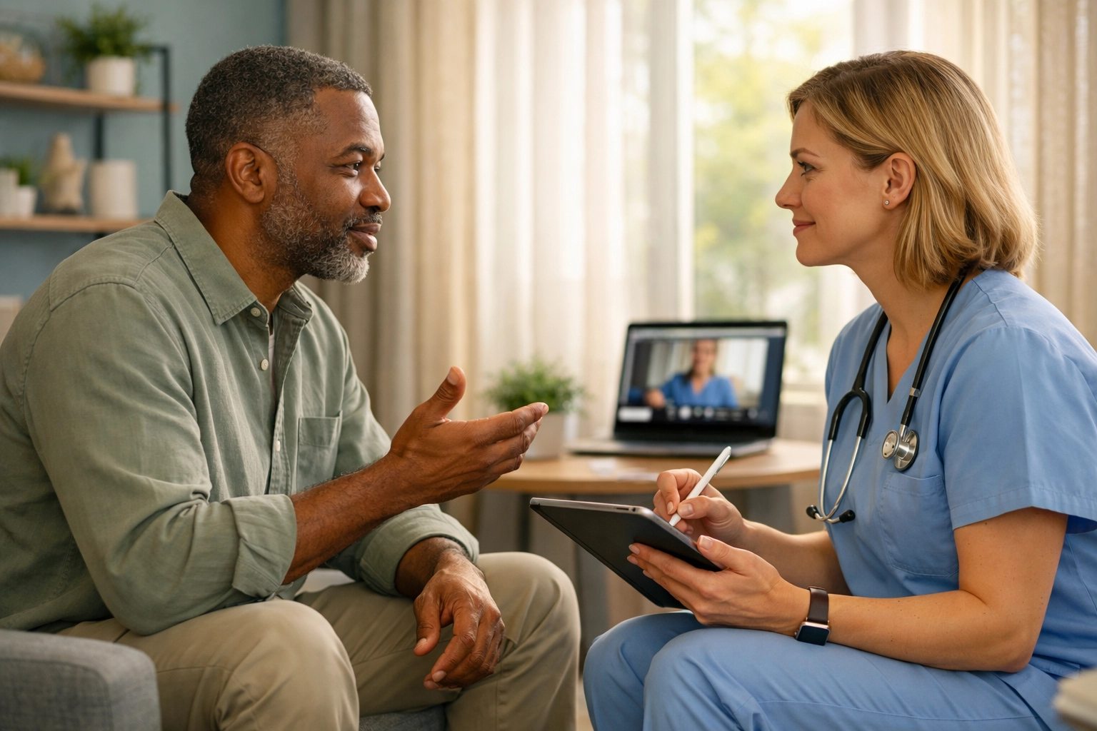 Adult patient in ADHD testing consultation with psychiatric nurse practitioner via telehealth
