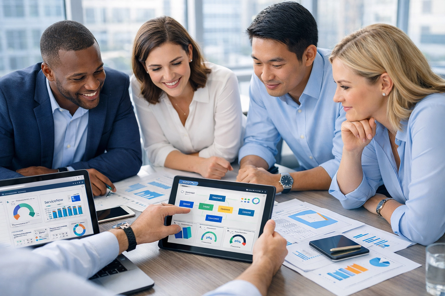 ServiceNow consulting team analyzing implementation metrics and workflow optimization
