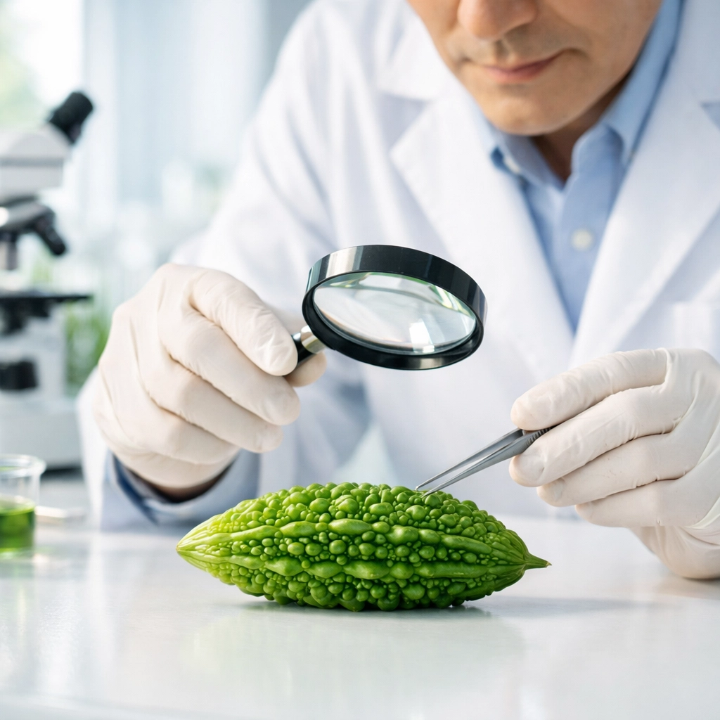 Professional laboratory quality testing of fresh bitter melon for premium metabolic support supplements.