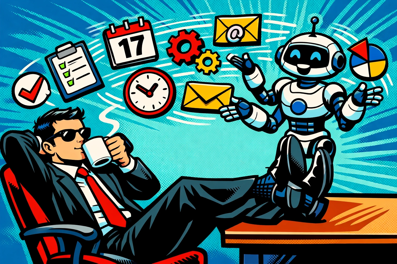 Business owner relaxed as an AI virtual assistant manages automated workflows and daily tasks.