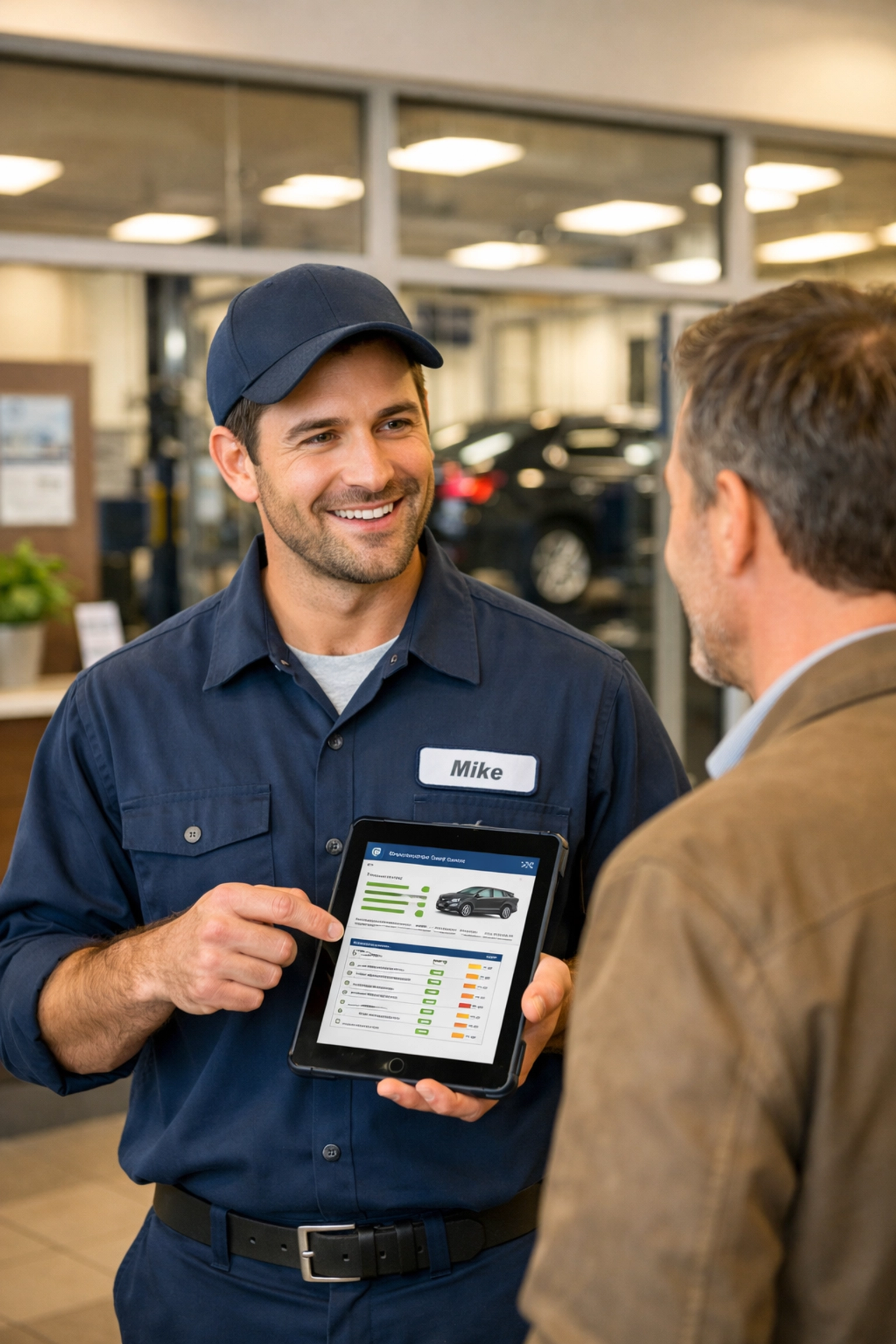 Mechanic at Autocenters Service discussing preventative AC maintenance and repair with a customer.