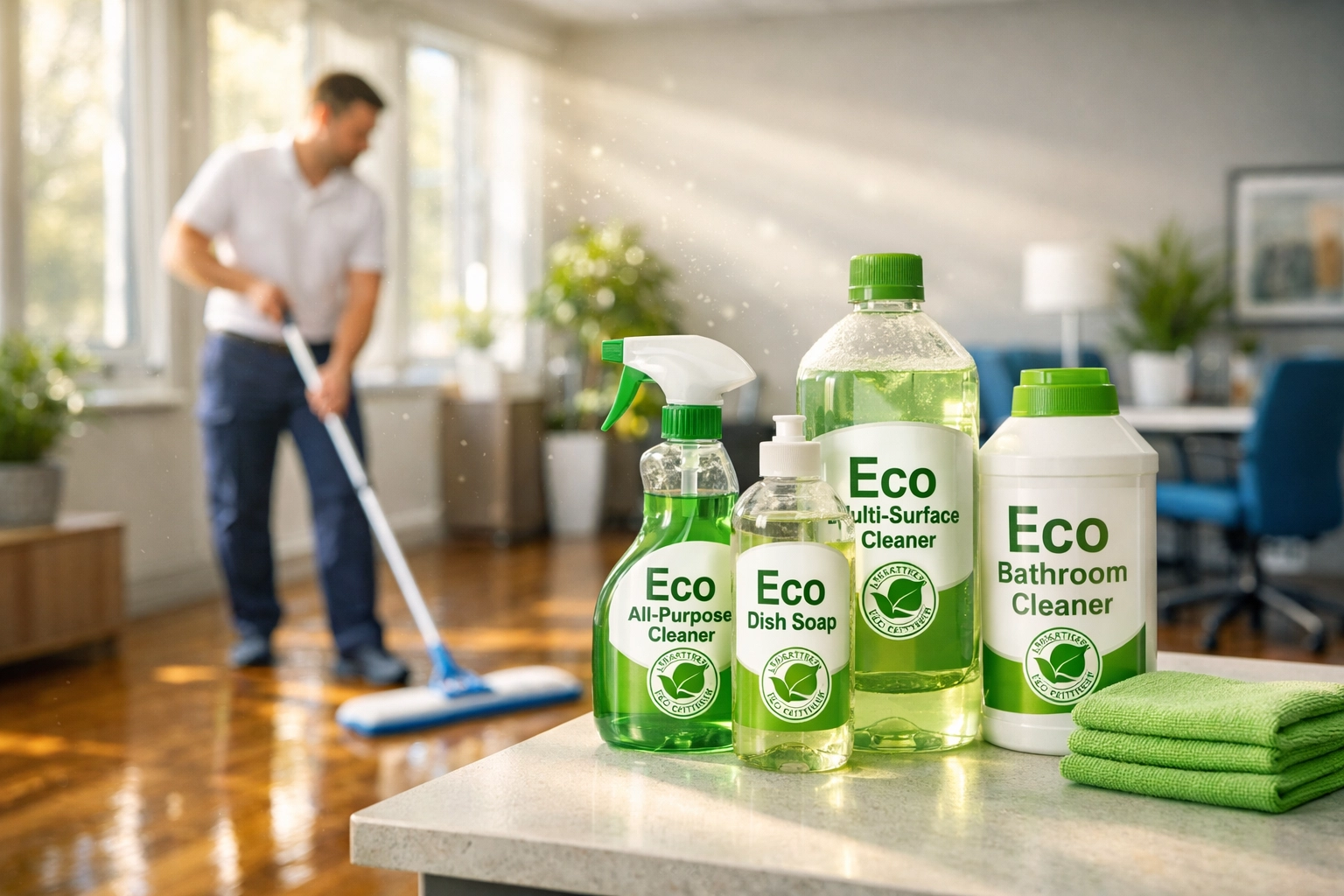 Professional using eco-friendly cleaning products and microfiber mop in modern NJ office