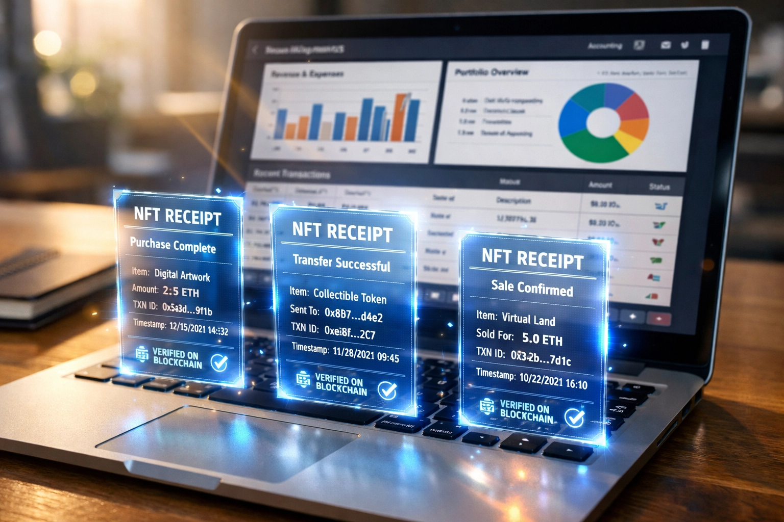 NFT receipt accounting dashboard showing automated blockchain transaction records