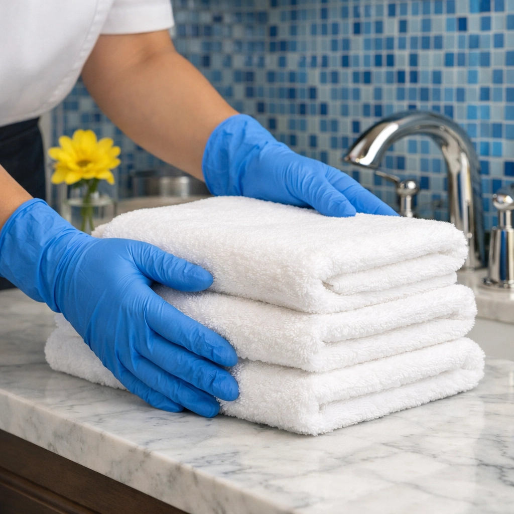 Professional cleaning service hands arranging fresh towels in a luxury bathroom during deep cleaning in Massachusetts.