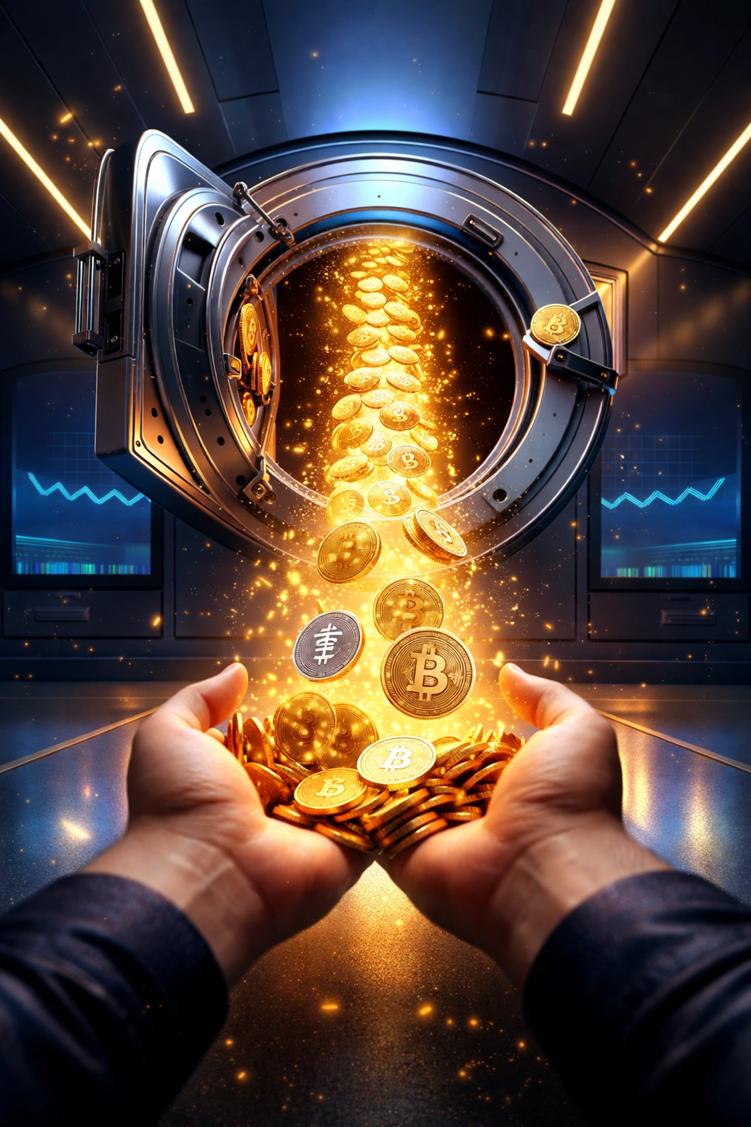 Open vault releasing digital coins and crypto symbols into merchant's hands, representing stablecoin security and financial freedom in Web3 payments.