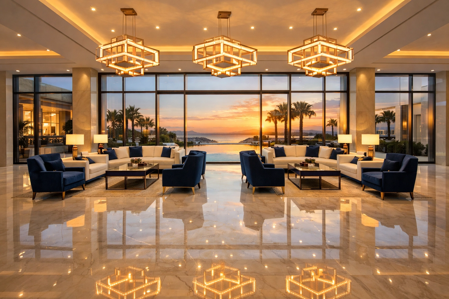 Immaculate luxury hotel lobby featuring sparkling marble floors and crystal-clear windows.