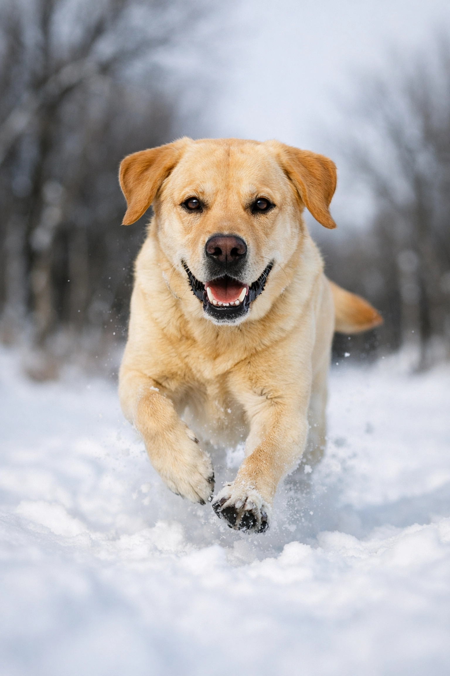 Labrador Retriever practicing recall training in Saskatchewan winter conditions