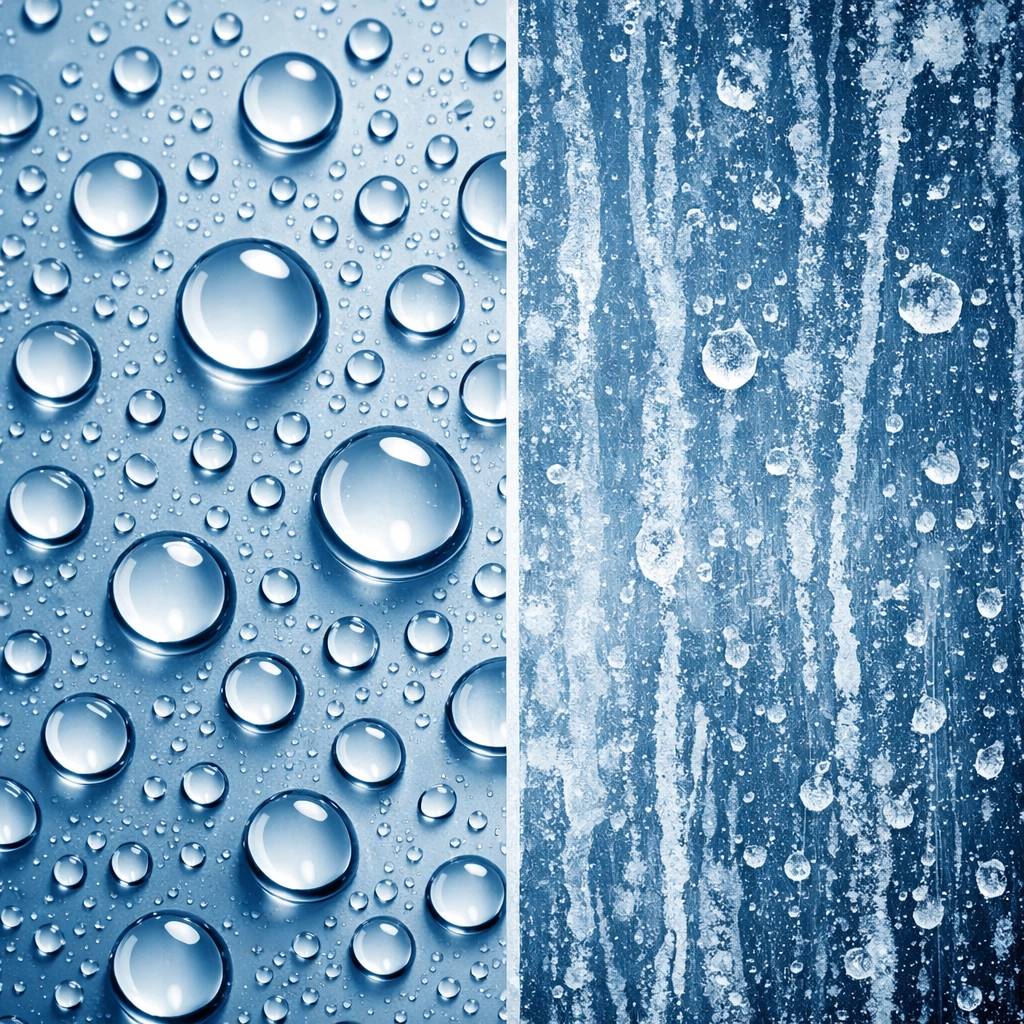 Pure water droplets on glass showing streak-free clarity compared to mineral residue