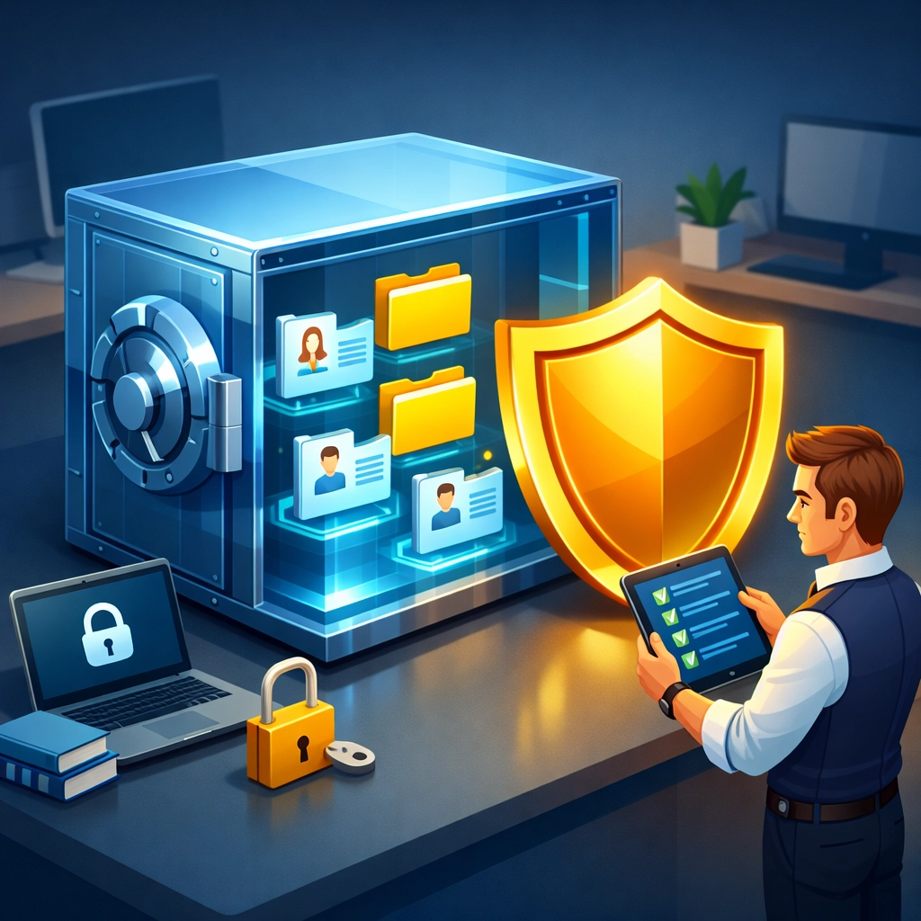 Illustration of small business data protection and cybersecurity audit for insurance regulation compliance.