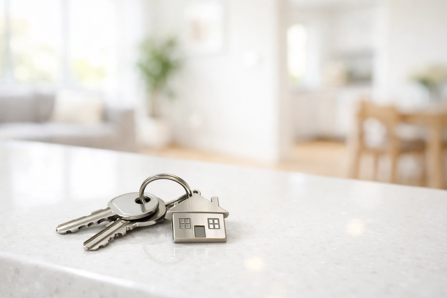 Shiny house keys on a clean quartz countertop in a move-in-ready Midwest apartment turnover.