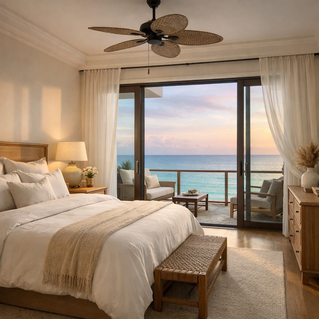 Luxury beachfront bedroom with ocean views in Texas Gulf Coast vacation rental
