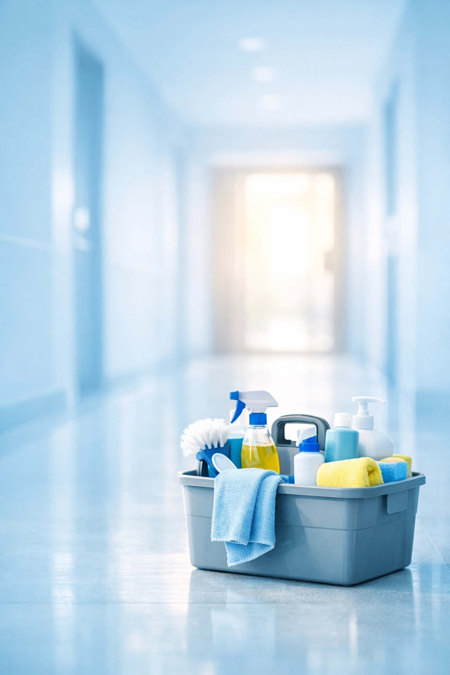 Professional cleaning caddy in a modern apartment hallway, representing insured maid service in Cedar Falls.