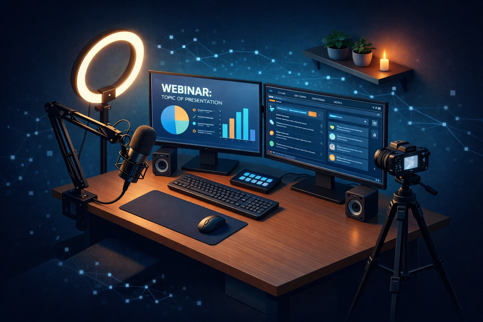 Simon Leung professional webinar setup with dual monitors, charts, and microphone (no people)