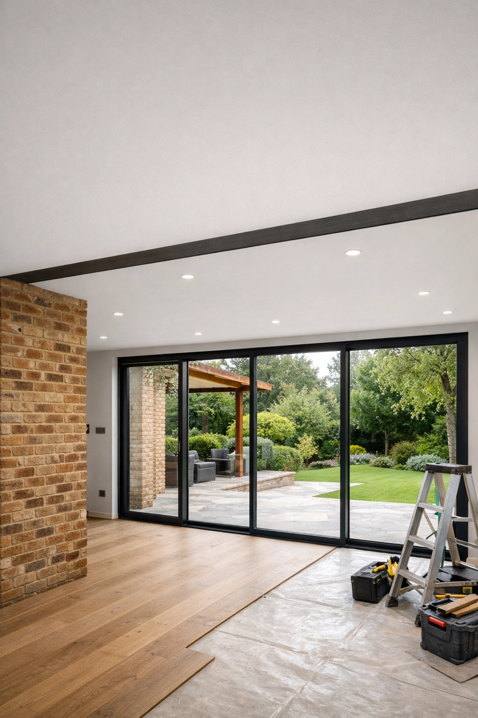 Recessed structural steel beam in a high-end Surrey home extension showing professional engineering.