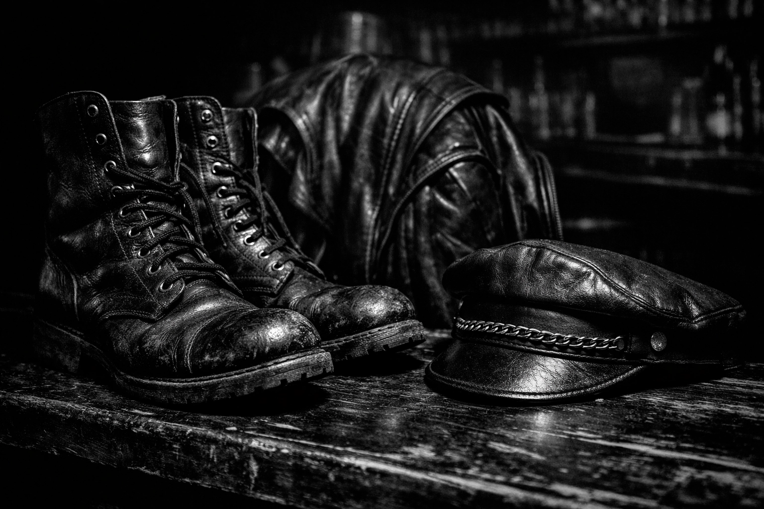 Vintage leather boots, jacket and cap representing gay leather community history and culture