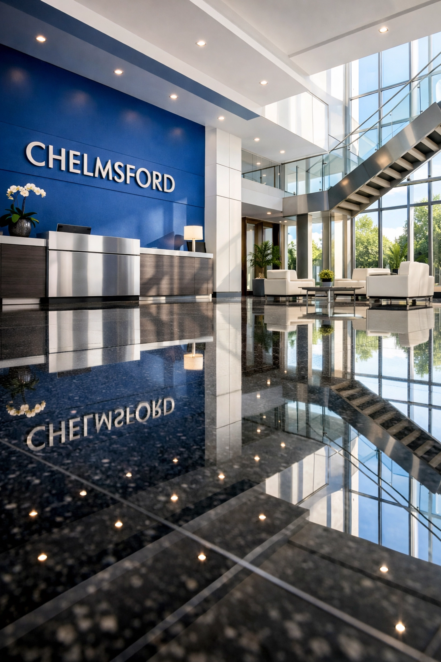 Immaculately polished granite floors in a modern Chelmsford corporate lobby showing advanced janitorial care.