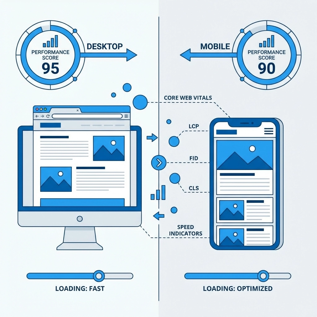 Vector graphic of desktop and mobile screens demonstrating responsive, fast-loading web design for optimal SEO performance