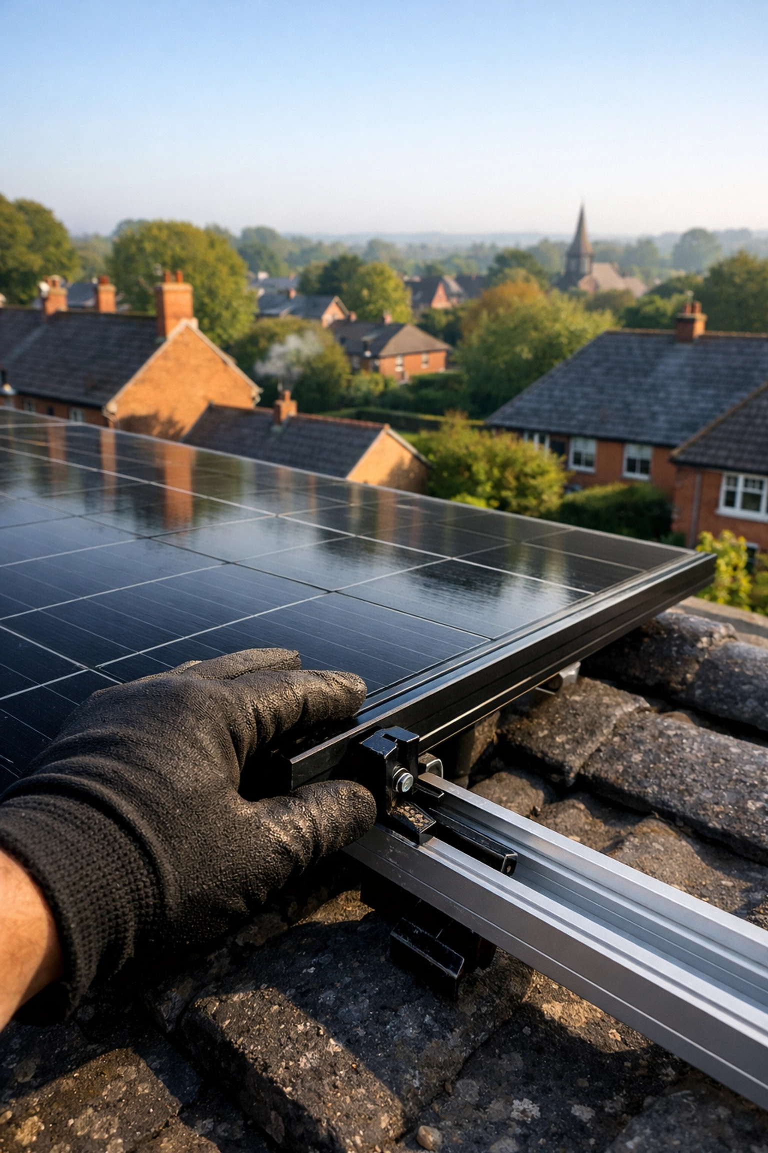 Renewable energy specialist installing high-efficiency all-black solar panels on a home in Hampshire.
