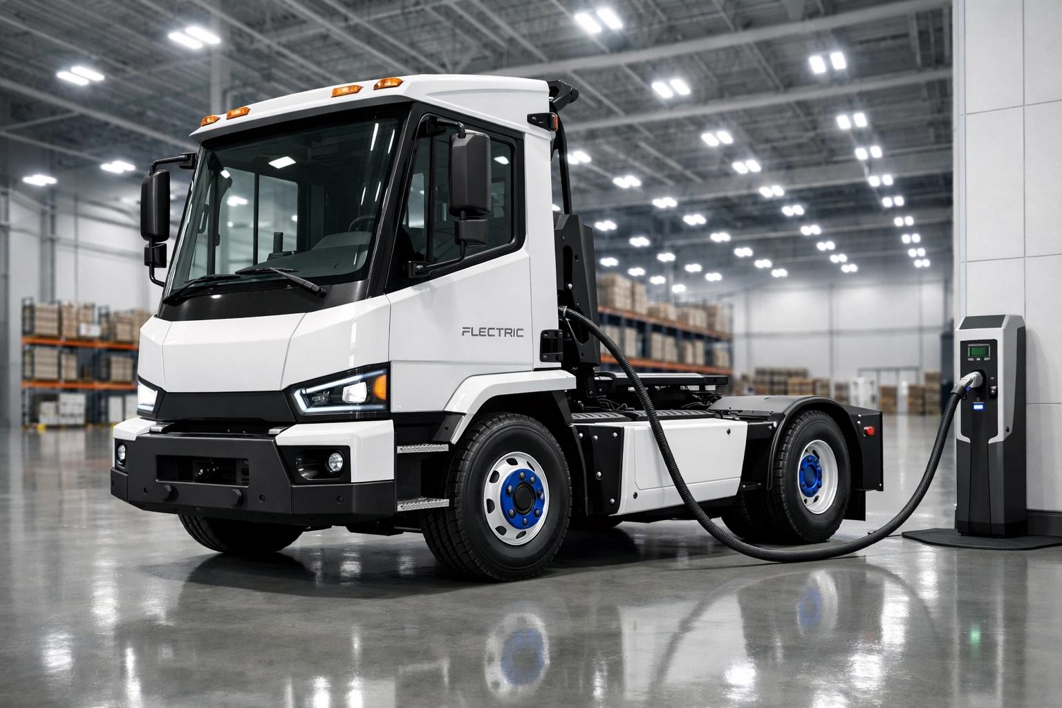 Modern electric terminal tractor charging inside a clean, high-tech Houston distribution center.
