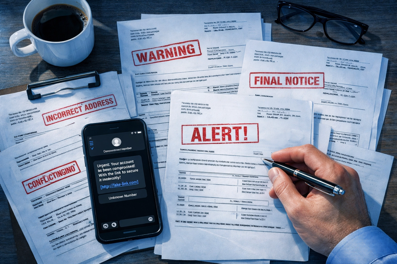 Title company reviewing suspicious documents and messages to detect real estate fraud