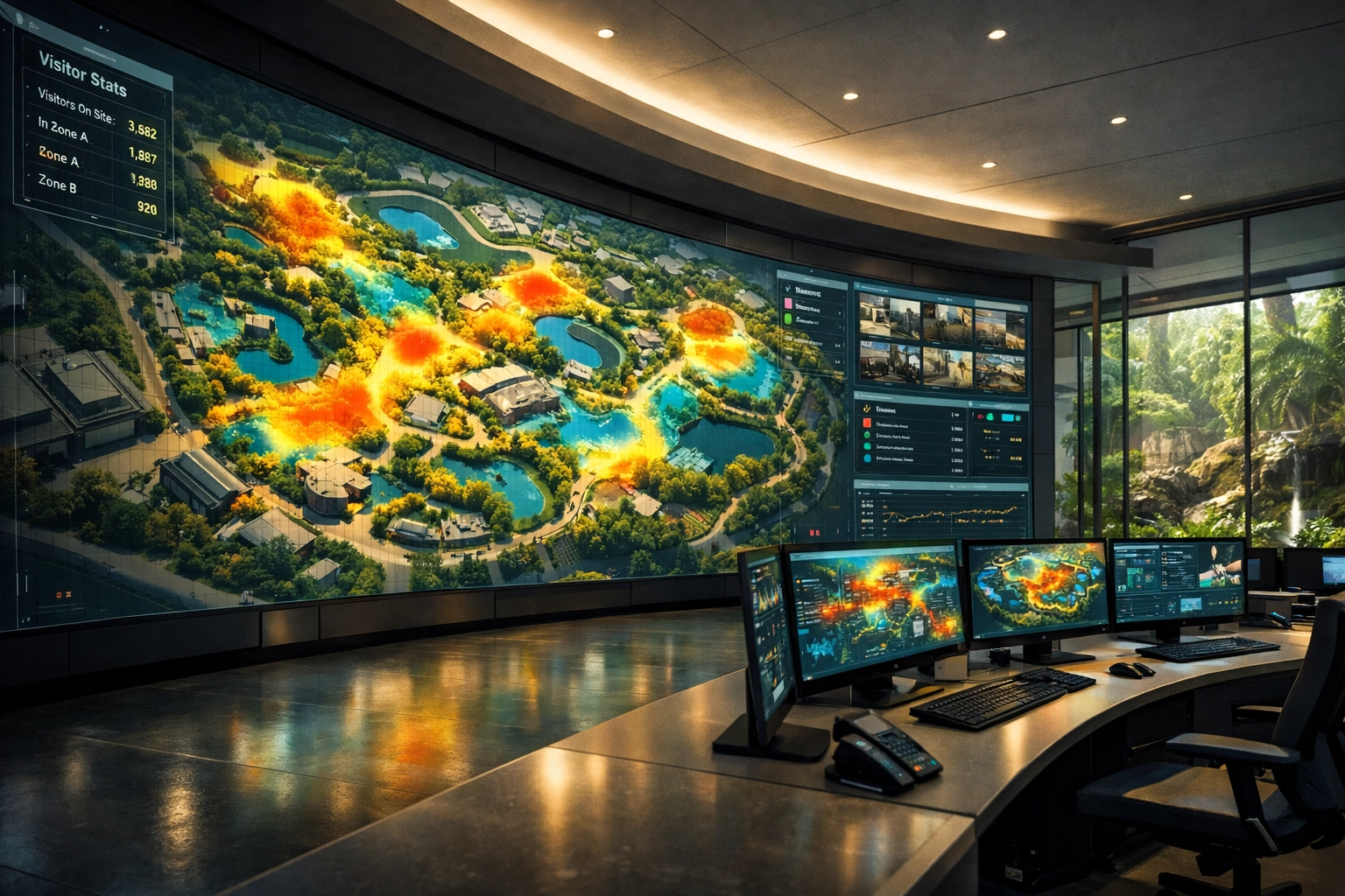 A digital operations center monitor displaying zoo visitor flow heat maps for smart venue management.