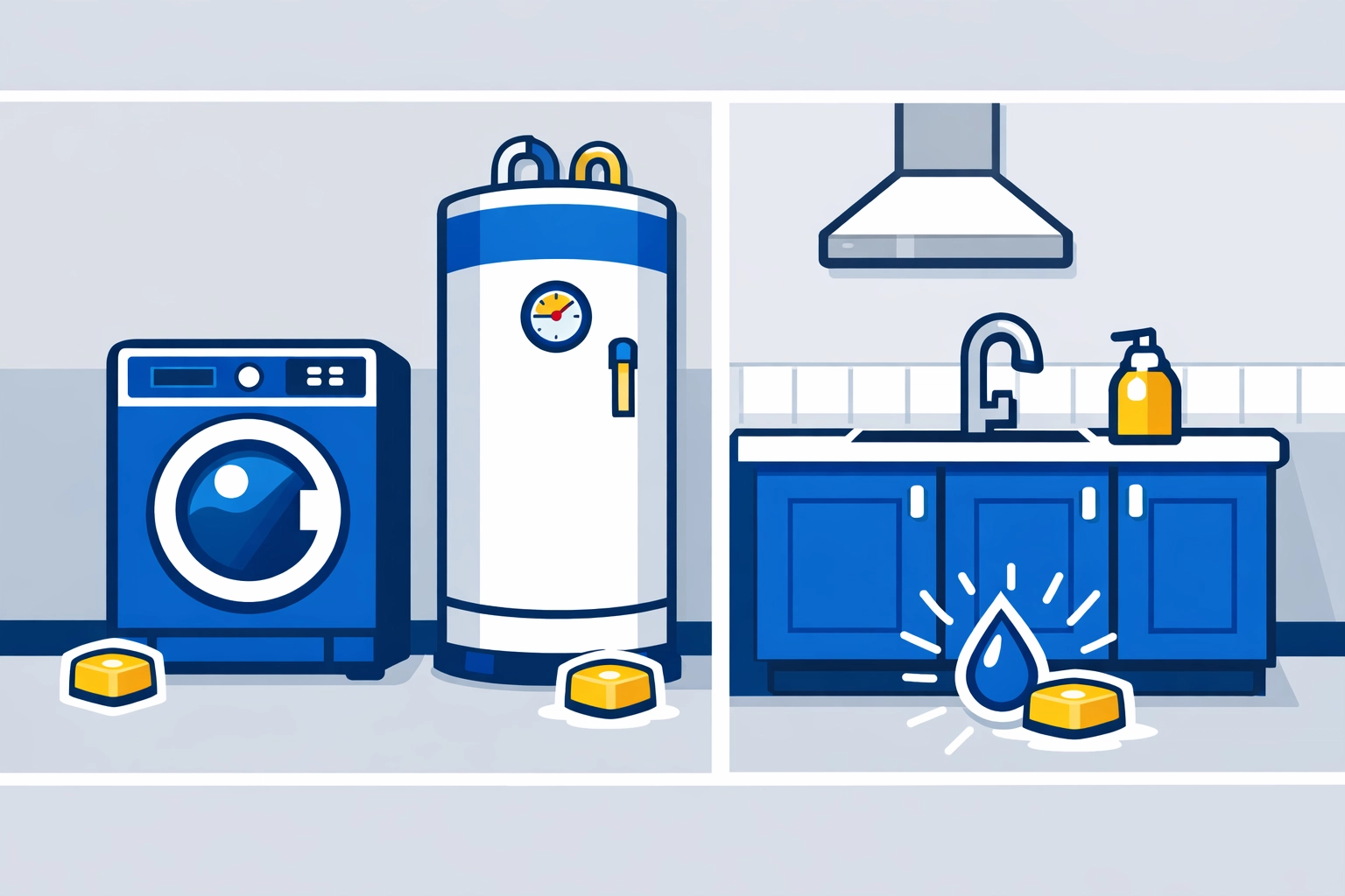 Illustration of water sensors near appliances to prevent emergency flood cleanup and water damage.
