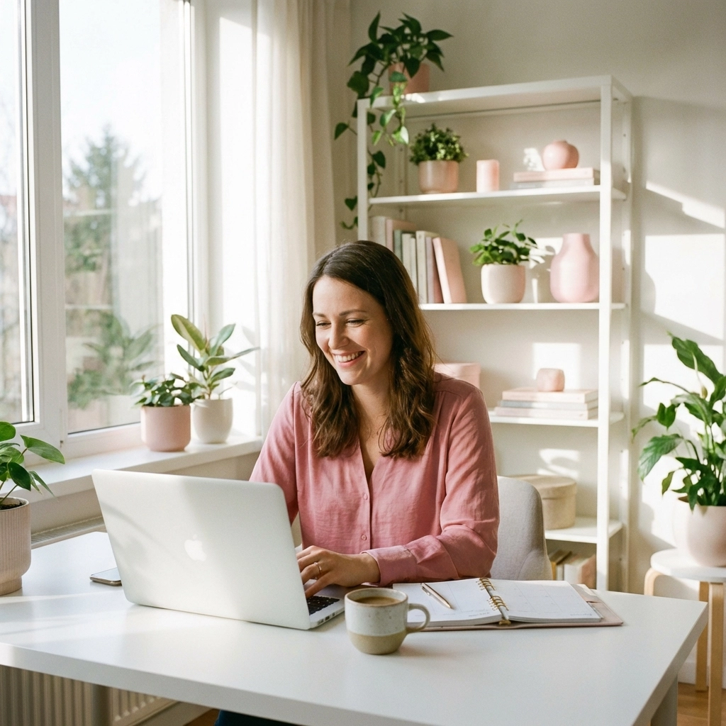 Woman working remotely at home office desk, representing flexible virtual assistant support for busy professionals.