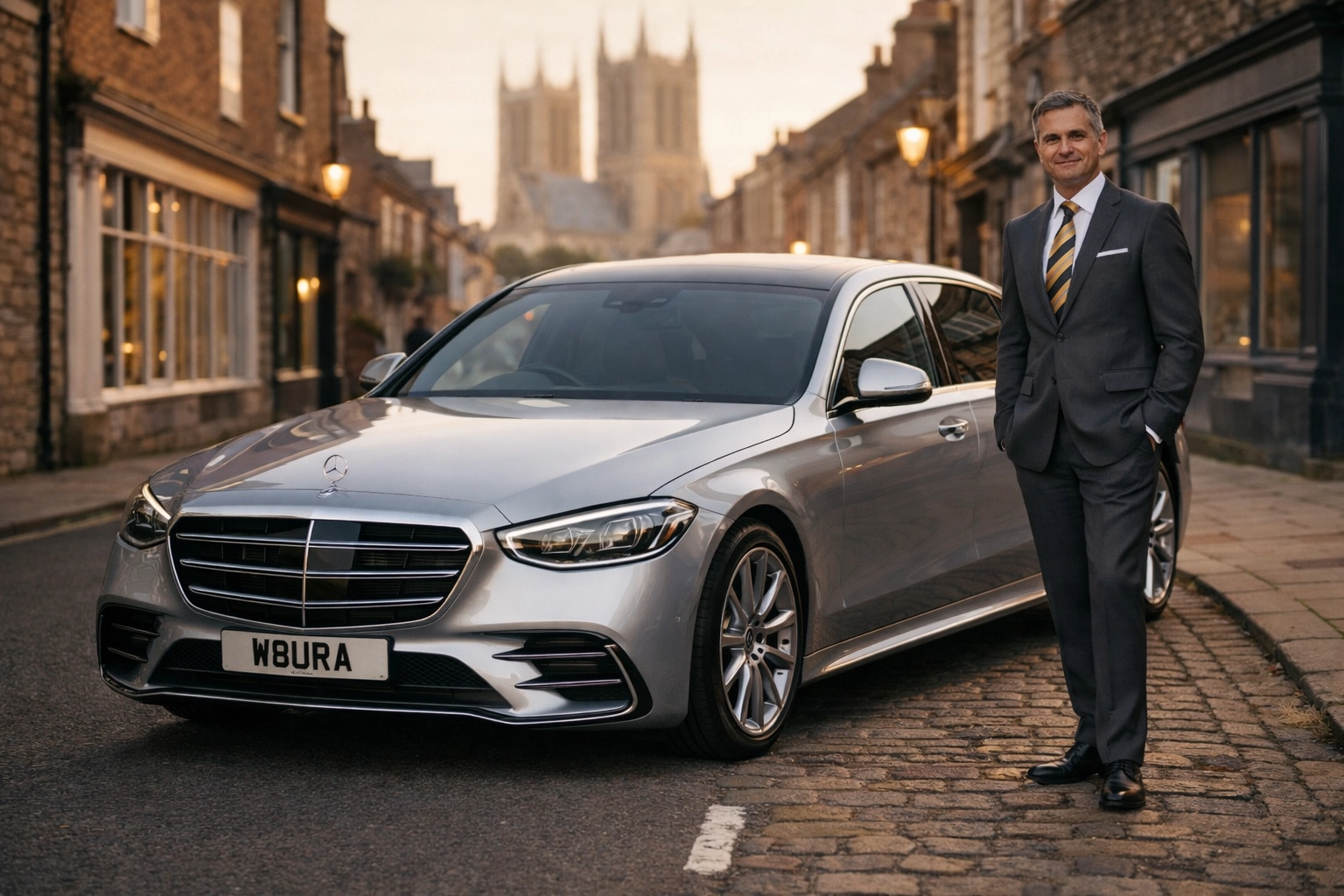 Professional chauffeur by a silver Mercedes-Benz S-Class for wedding car hire in Lincoln with W8URA plates.